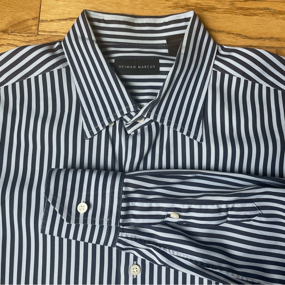 Neiman Marcus Black and White Striped Dress Shirt